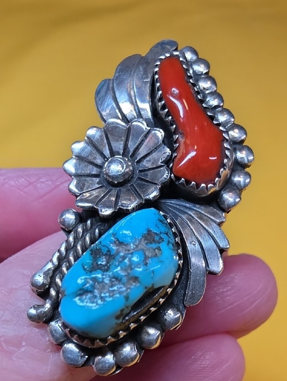 VTG Navajo Sterling Silver Turquoise Coral - Old Pawn Style Ring 13.72g Size 6.5